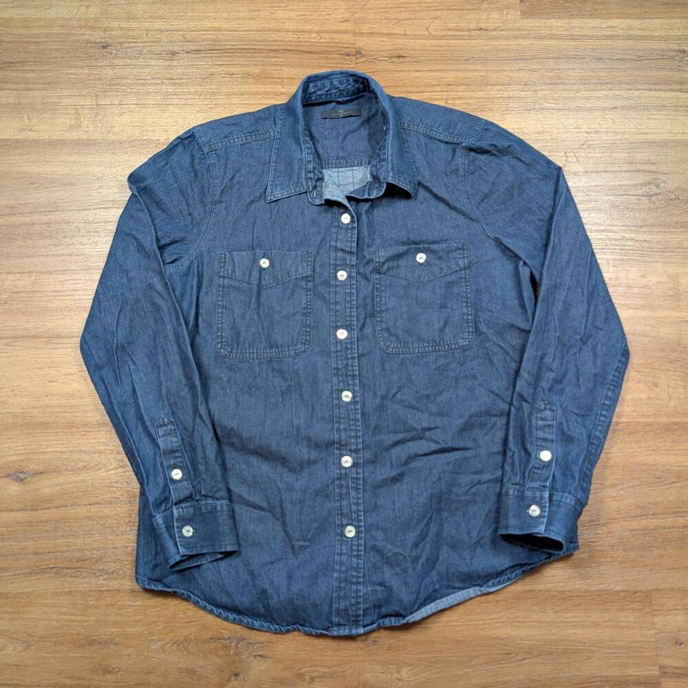 7 For All Mankind Denim Button Up Shirt Women Medium Blue Mid Wash 100% Cotton